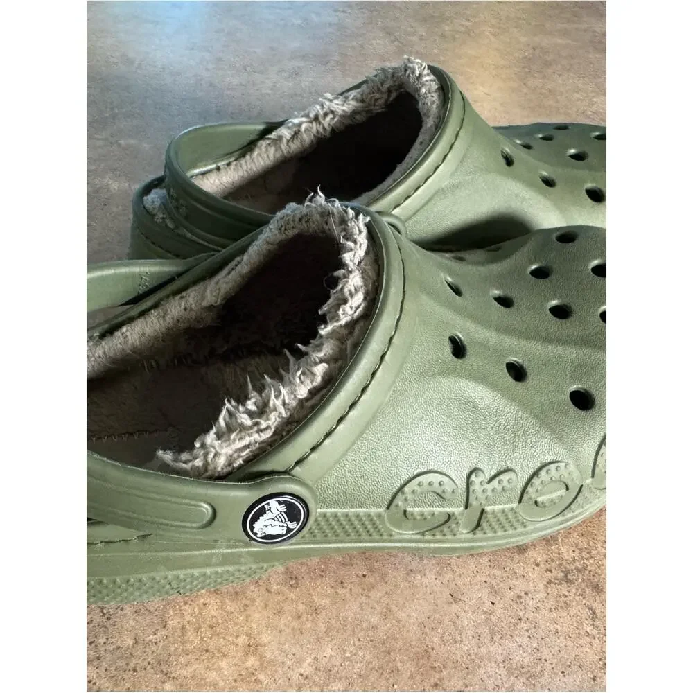 Crocs Kids Olive Green Fleece-Lined Slip-On Clogs Boys Size 2 Baya Lined Clogs
